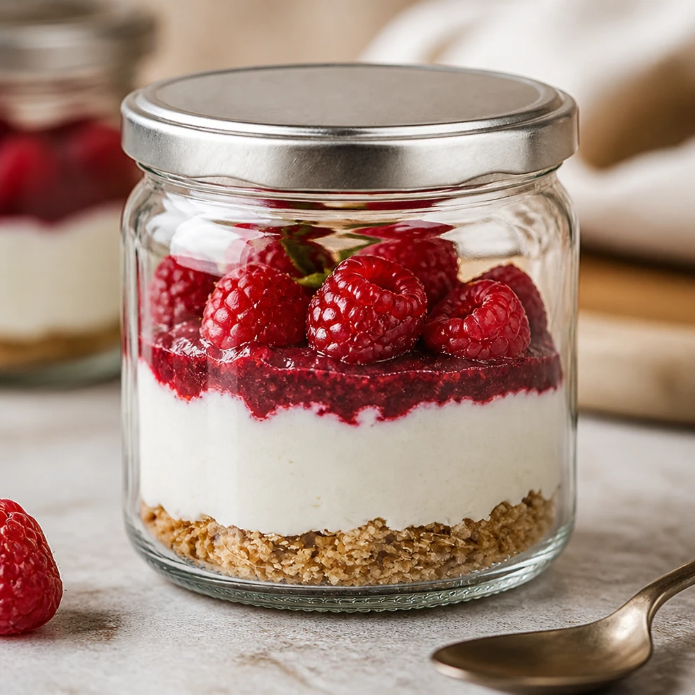 408 ml BasicSeal zilveren rond glas als dessertglas met frambozenlaagjes dessertbodem mascarpone biscuit Dessertglas