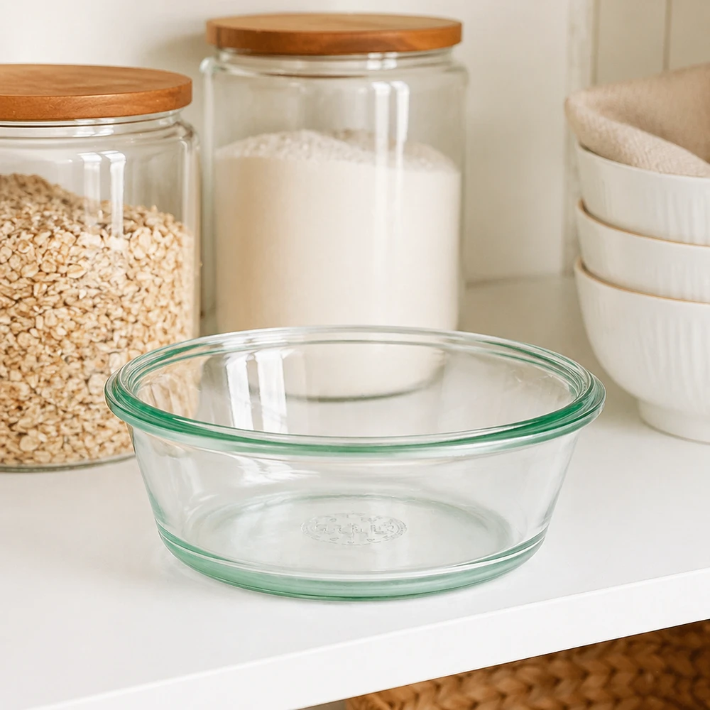 WECK RR120 gourmetglas van 300 ml WECK RR120 gourmetpot 300ml leeg op wit keukenblad naast voorraadpotten toont duidelijk design