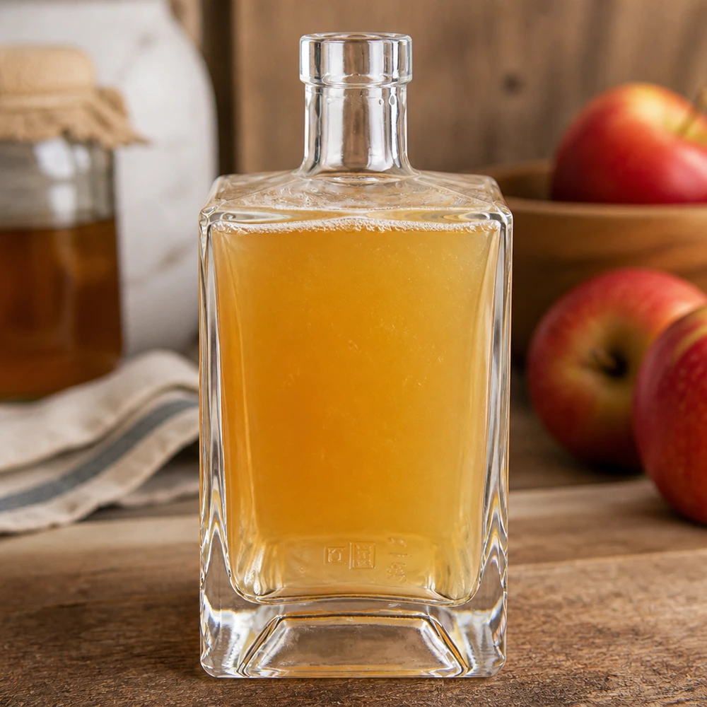 700ml glazen fles Ben gevuld met appelsap naast rode appels op houten plank natuurlijke keukensfeer