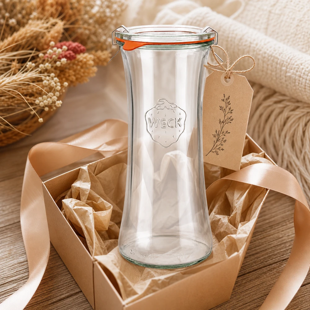 700ml delicatessenglas compleet WECK RR40 WECK delicatessenpot 700ml RR80 geschenkverpakking met strik en label in rustieke decoratie