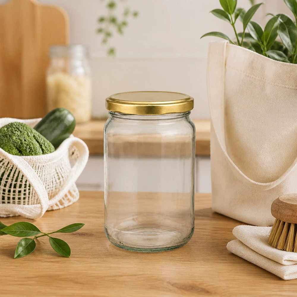 305ml rond glas met BasicSeal deksel goud UNiTWIST 305ml Rundglas BasicSeal UNiTWIST gold in nachhaltiger Küchenszene mit Öko-Tasche und Zero-Waste-Zubehör
