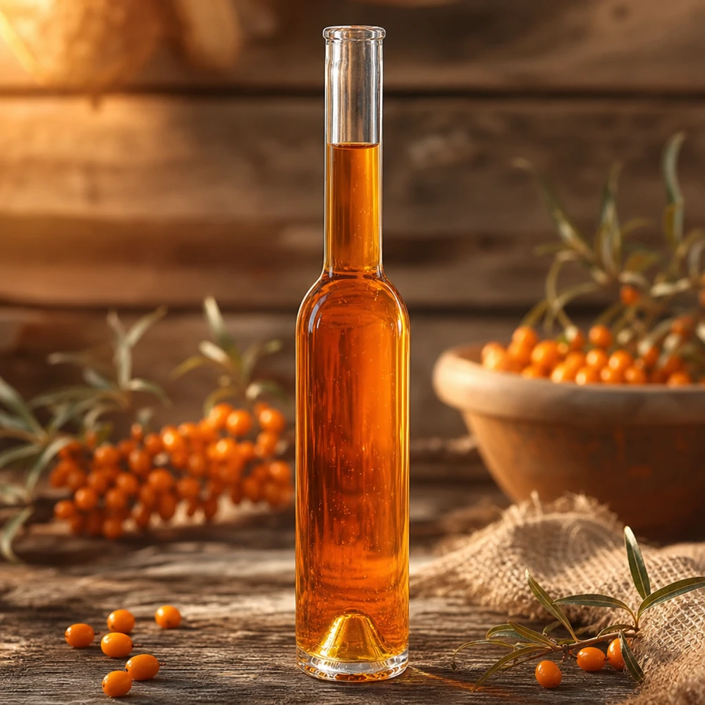 200 ml glazen fles Hugo zonder sluiting UNiTWIST® 200ml glazen fles Hugo sinaasappel gevuld met duindoornlikeur duindoornbessen houten achtergrond natuurlijke ingrediënten