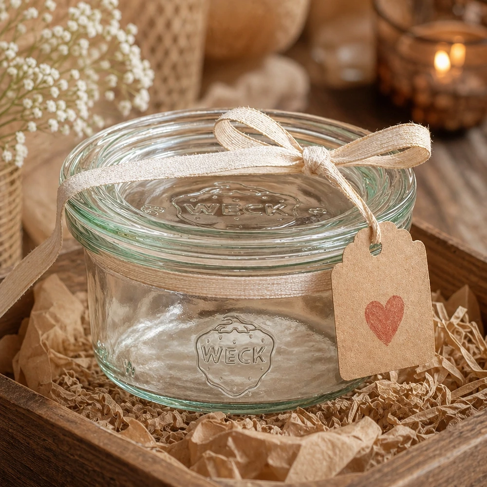 50ml stortglas met glazen deksel WECK RR60 WECK bekers 50ml gepresenteerd als een decoratief geschenk met lint en hart hanger in een rustieke sfeer