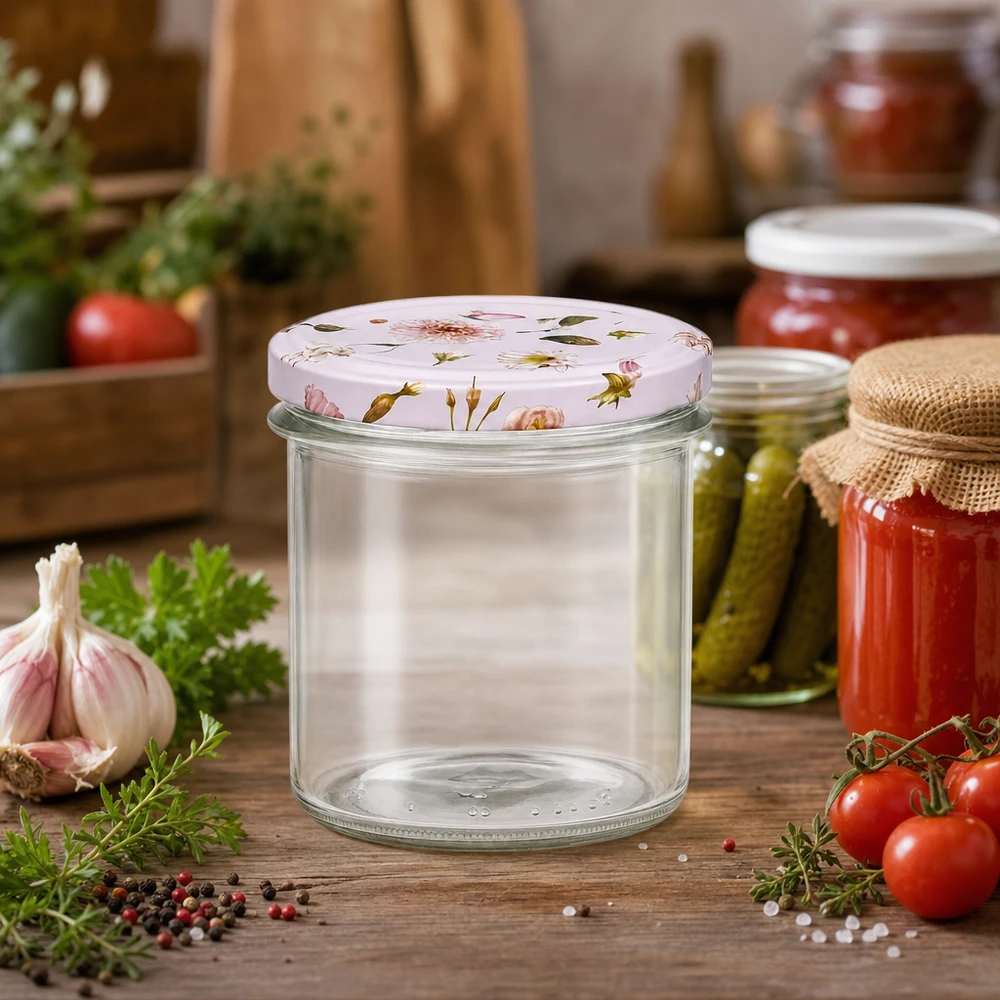 Glazen van 350 ml + BasicSeal-deksel met roze bloem UNiTWIST bekertjes van 350 ml met roze bloemendeksels in de keuken naast ingemaakte komkommers, tomaten in blik en verse kruiden