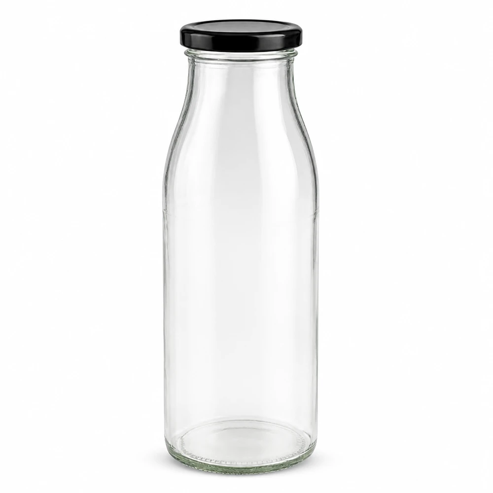 500ml fles met BasicSeal deksel zwart UNiTWIST 500ml glazen fles met zwart BasicSeal deksel UN-gecertificeerd transparant leeg staand product foto