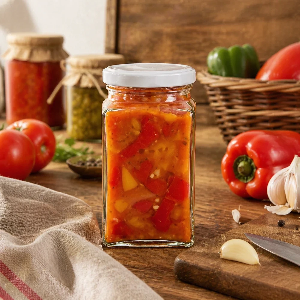 260ml tetraglas met BasicSeal deksel wit UNiTWIST 260 ml tetra pot BasicSeal gevuld met groentespread naast paprika, tomaat en knoflook rustieke keukenconserven