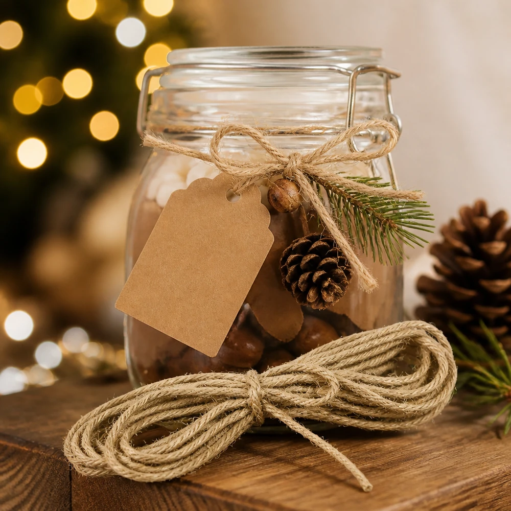 Natuurlijk jute koord 300cm als kerstdecoratie met dennenappels en cadeaulabel op een feestelijk versierde pot