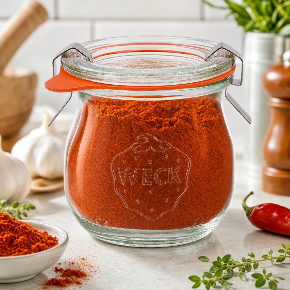 75ml tulpenglas compleet WECK RR40 WECK tulpenpot 75ml RR40 gevuld met paprikapoeder in mediterrane kruidenkeuken met verse kruiden en chilipeper