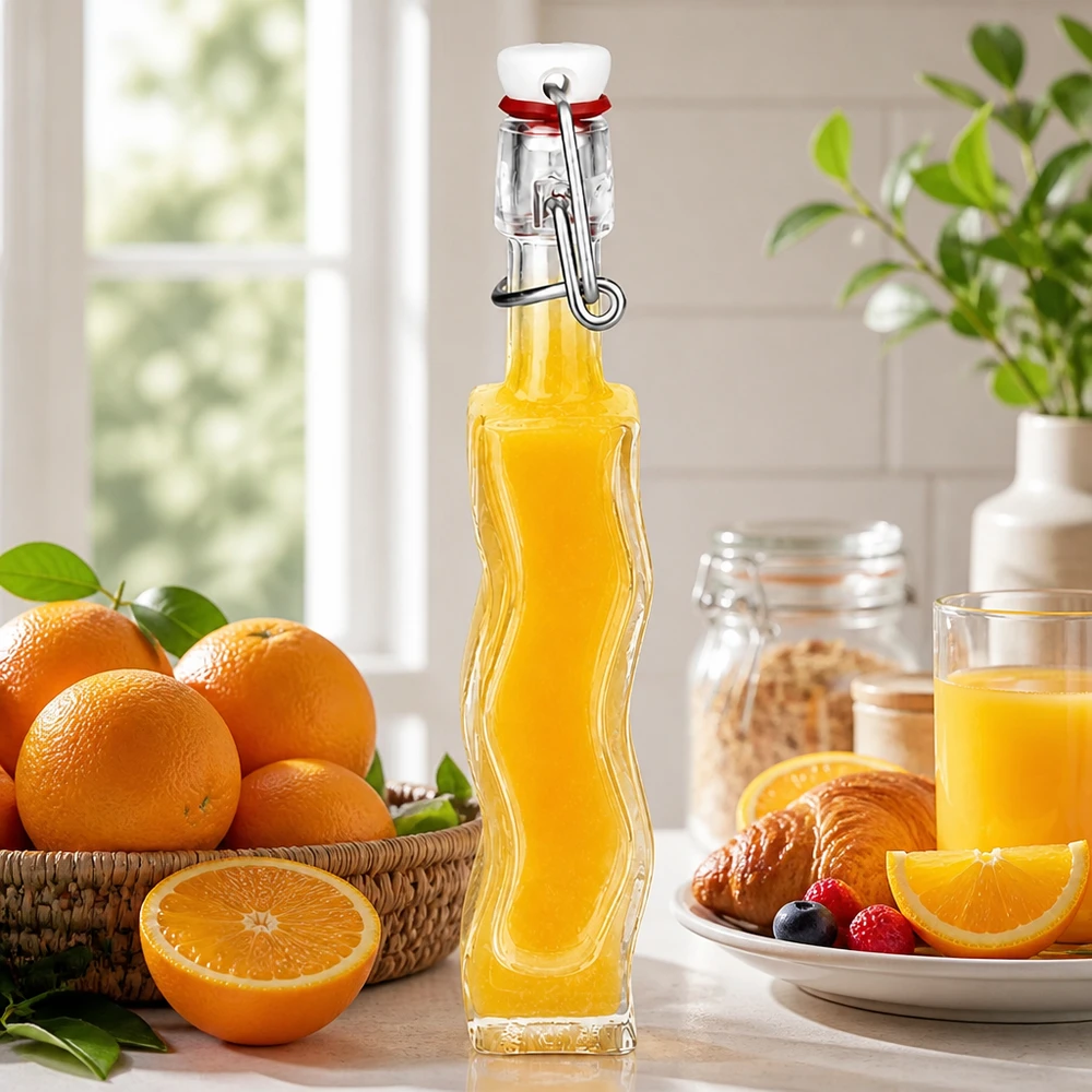 40 ml glazen fles Fila met PVC-sluiting UNiTWIST® 40ml glazen Anna-fles met oranjekleurige vulling naast verse sinaasappels en croissants in een zonnige keukenscène