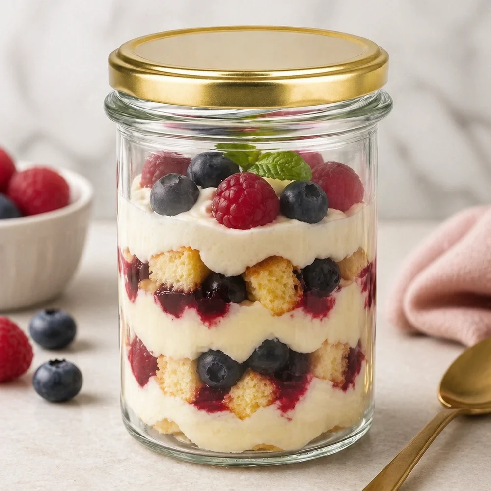230ml bekers met BasicSeal deksel goud UNiTWIST 230ml BasicSeal gouden UNiTWIST bekers gevuld met gelaagde dessert bessencrème als dessertglas