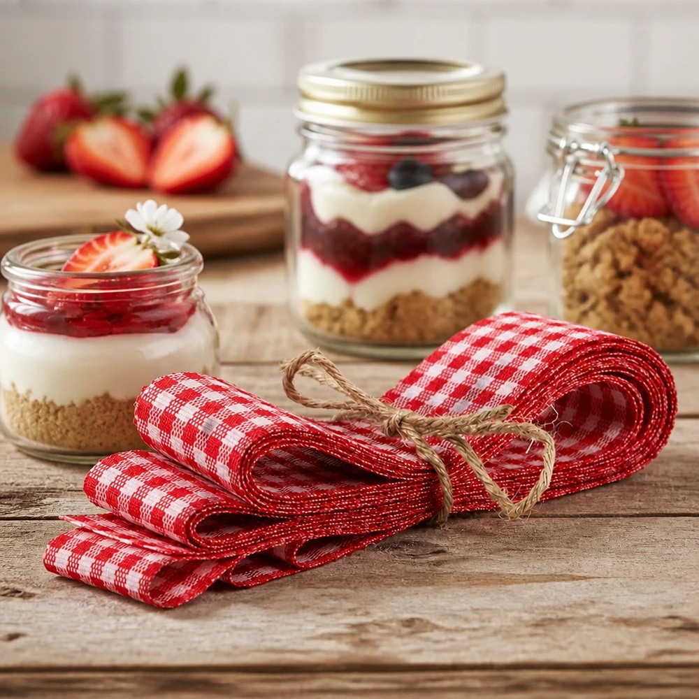 Rood en wit geruit stoffen lint 300cm met jute strik naast zelfgemaakte desserts in een glas op een houten achtergrond