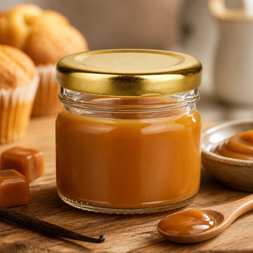 33 ml rond glazen potje + BasicSeal-deksel goud UNiTWIST Compact UniTwist-portieglas van 33 ml met gouden deksel, naast een houten lepel en stukjes karamel