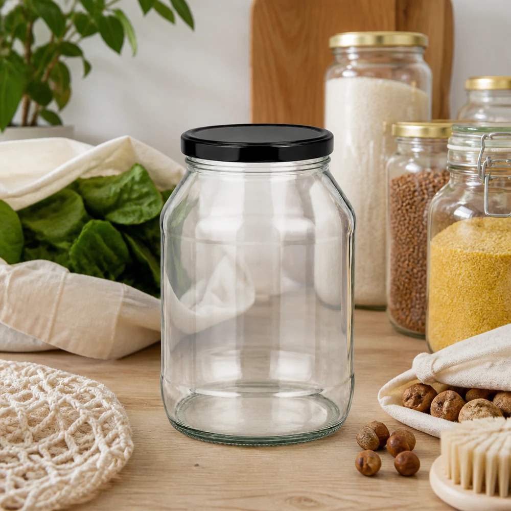 2650ml rond glas met BasicSeal deksel zwart UNiTWIST Leeres 2650ml Rundglas mit schwarzem Deckel auf Holztisch mit Nüssen Getreide und nachhaltigen Küchenutensilien