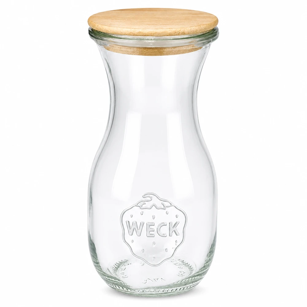 WECK sapfles 290ml van glas met houten deksel en logo in reliëf op witte achtergrond