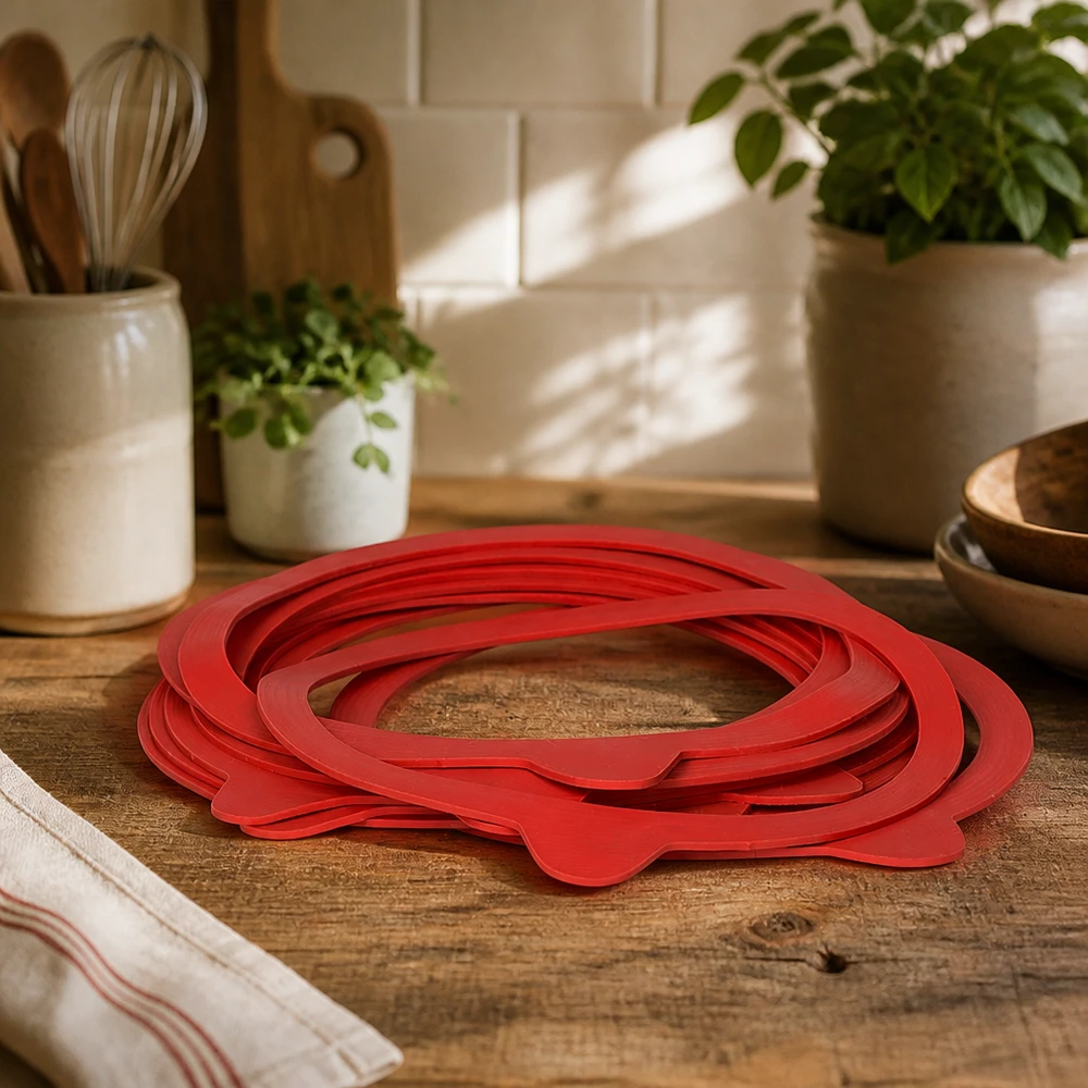 Rode RR120 natuurrubber inmaakringen uitgespreid op een houten werkblad in een gezellige keuken met kruidenpotjes