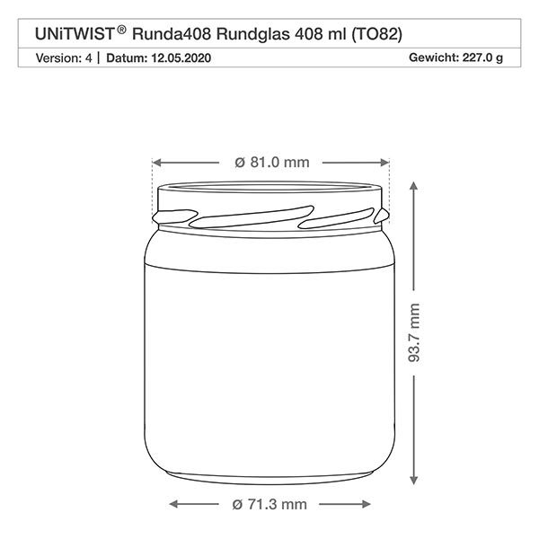 408ml rond glas zonder deksel (TO82) UNiTWIST UNiTWIST Runda408 rond glas 408ml TO82 technische tekening met afmetingen diameter 81mm hoogte 93,7mm gewicht 227g