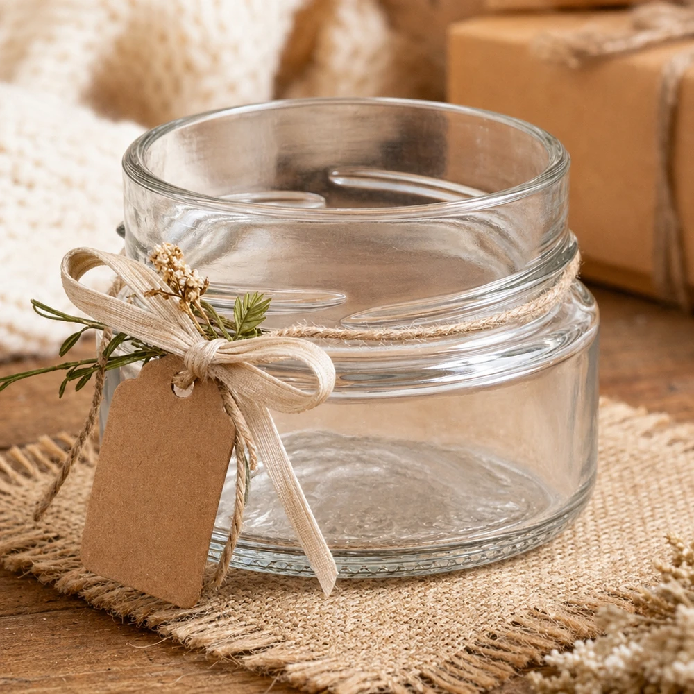 80ml rond glas zonder deksel (TO58deep) UNiTWIST UNiTWIST Runda80 ronde pot 80ml TO58deep lege inmaakpot met deksel en lint op een rustieke houten tafel