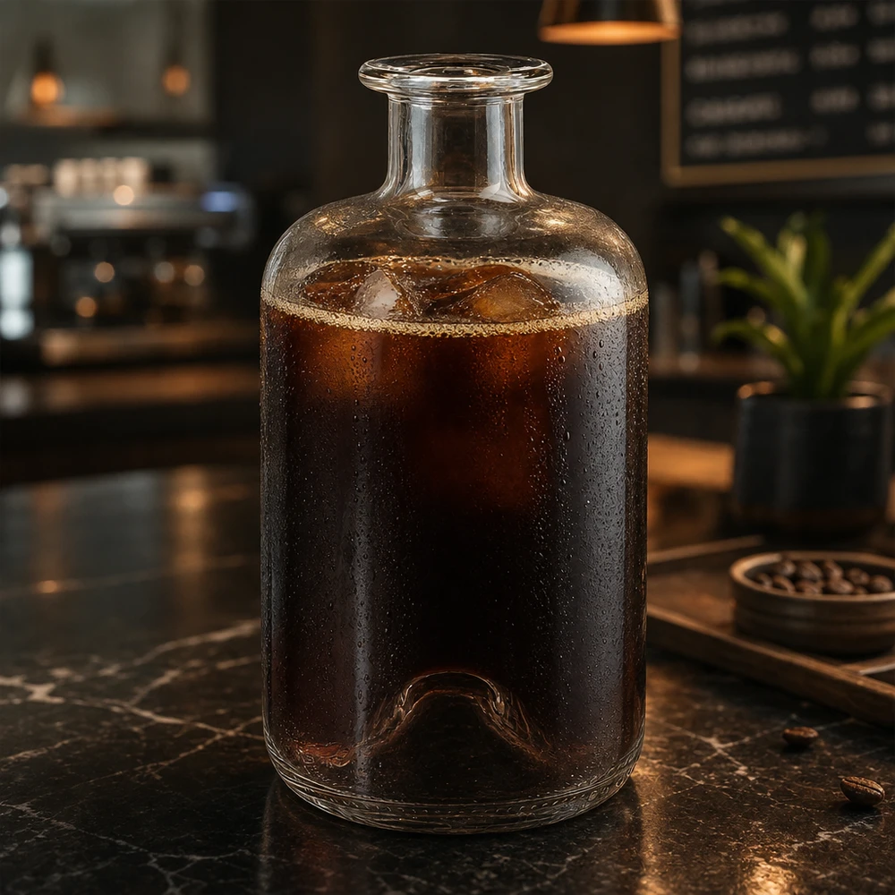 500 ml Apothekersfles 500ml Glasflasche "Luna" ohne Verschluss UNiTWIST zonder sluiting UNiTWIST® Apothekersfles Luna 500ml gevuld met cold brew koffie op een marmeren tafel in een moderne café sfeer