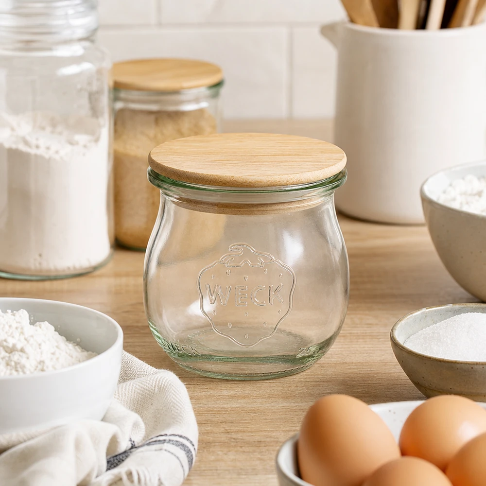 WECK-tulpglas 75ml met deksel WECK tulpenpot RR40 75ml met bamboe deksel in een moderne keuken omringd door eieren, bloem en keukengerei