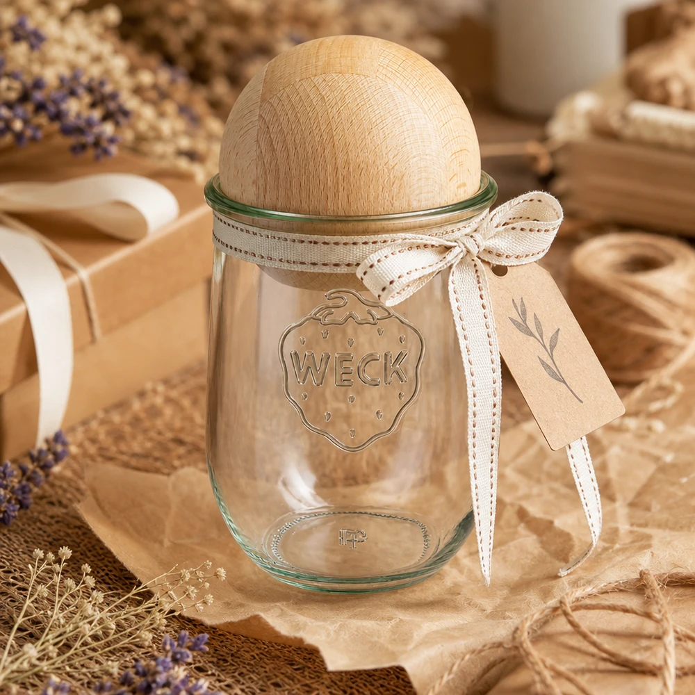 1062ml tulpenglas WECK RR100 met houten bal WECK voorraadpot RR100 1062ml met beuken boldeksel in natuurlijke landhuisdecoratie met lavendel en houten lint