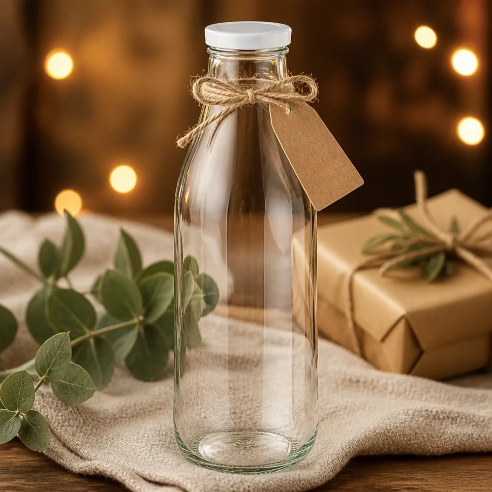 1000ml fles met BasicSeal deksel wit UNiTWIST 1000ml glazen fles BasicSeal deksel wit geschenkverpakking jute zak eucalyptus decoratie warm licht rustieke presentatie
