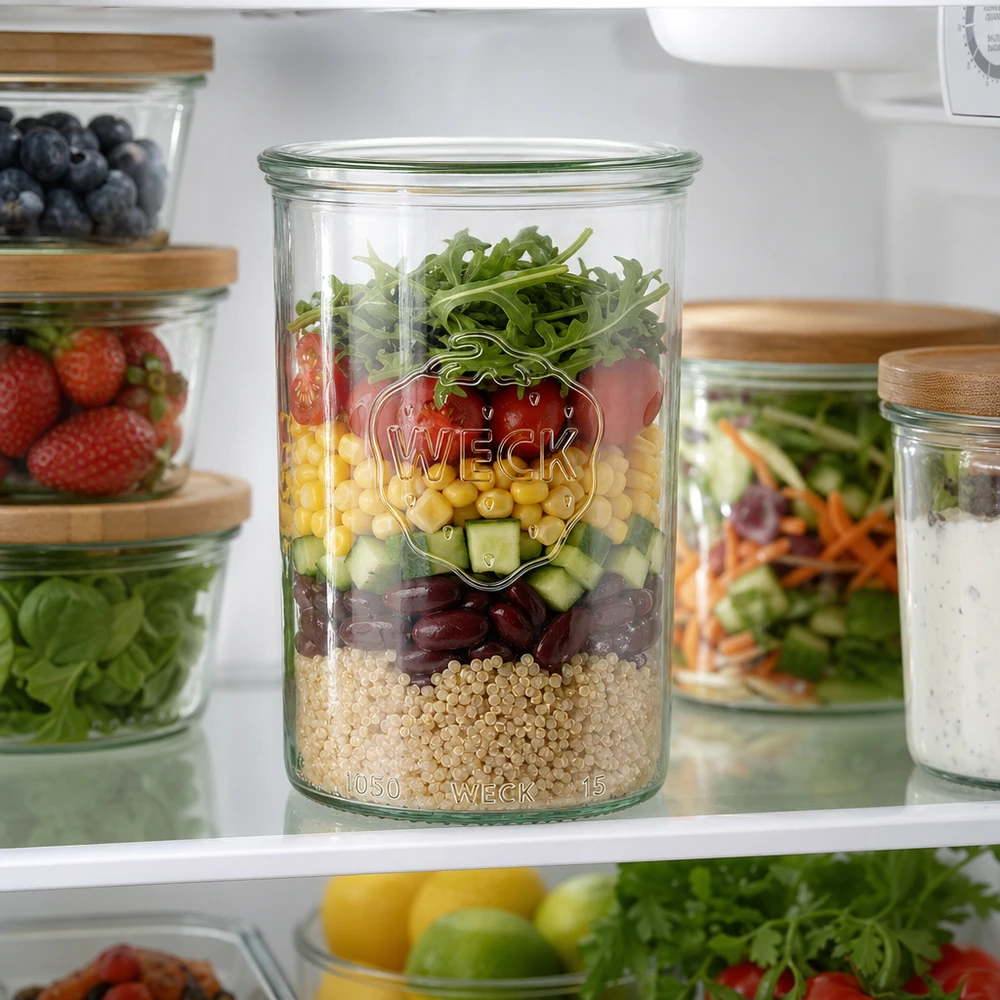 WECK RR100-pot van 1000 ml WECK Sturzglas 1000ml mit buntem Schichtsalat im Kühlschrank - perfekt für Meal Prep und stylische Aufbewahrung