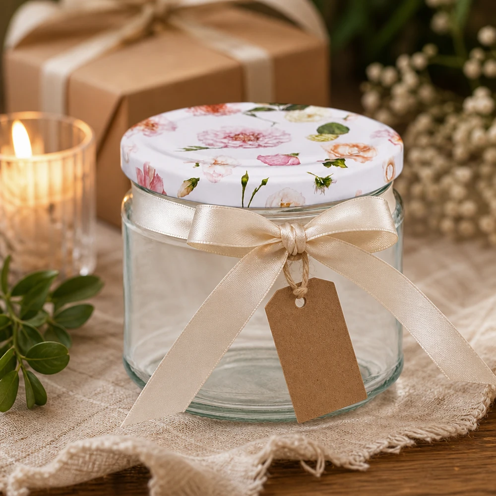 Ronde pot van 330 ml + deksel BasicSeal roze bloem UNiTWIST 330ml ronde pot BasicSeal deksel roze bloemen als cadeau met strik en label decoratie inmaakpot