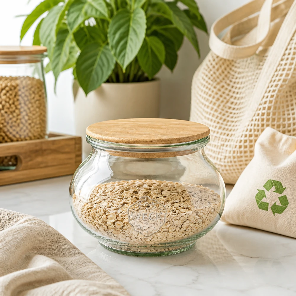 WECK voorraadpot 220ml RR60 met bamboe deksel gevuld met havervlokken in duurzame zero waste keuken met planten