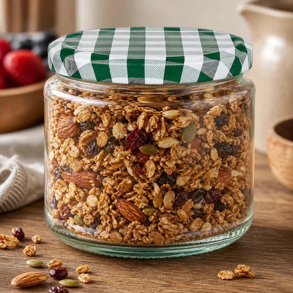 330ml rond glas met BasicSeal deksel groen/wit UNiTWIST Rundglas 330ml gefüllt mit Müsli und Nüssen, grün-weißer BasicSeal Deckel, perfekt für Vorratshaltung in der Küche