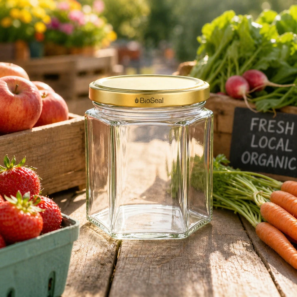 47ml hexaglas met BioSeal deksel goud UNiTWIST Lege UNiTWIST Hexa47 glazen pot met gouden BioSeal deksel tussen vers biologisch fruit en groenten op een houten tafel