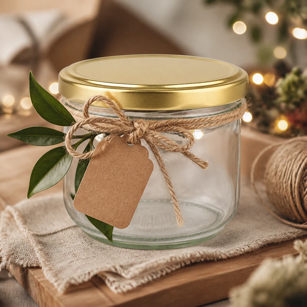 260ml bekers met BasicSeal deksel goud UNiTWIST 260 ml BasicSeal pot met gouden UNiTWIST deksel versierd voor kerst met een raffia lint en cadeaulabel