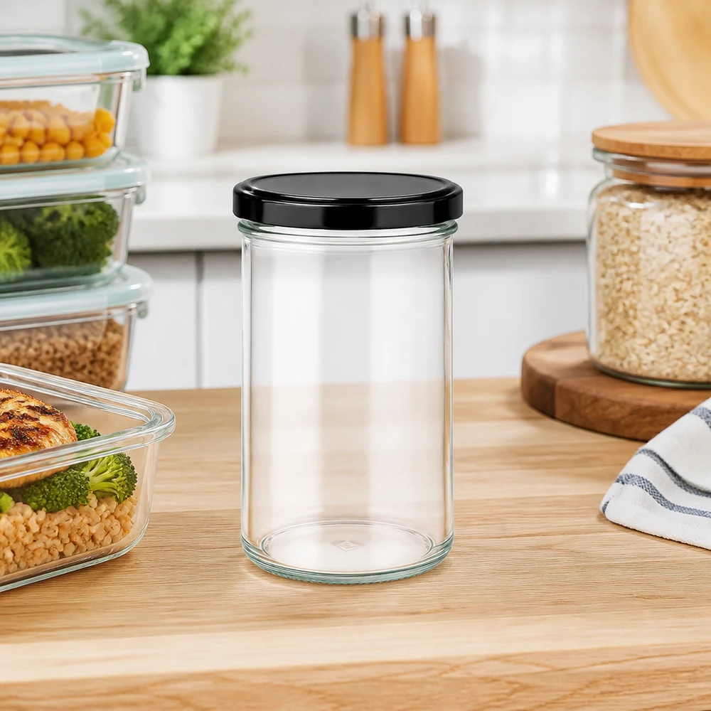 277ml bekers met BasicSeal deksel zwart UNiTWIST 277ml Sturzglas in moderner Küche als Vorratsglas für Lebensmittel neben Meal-Prep-Behältern auf Holzarbeitsplatte