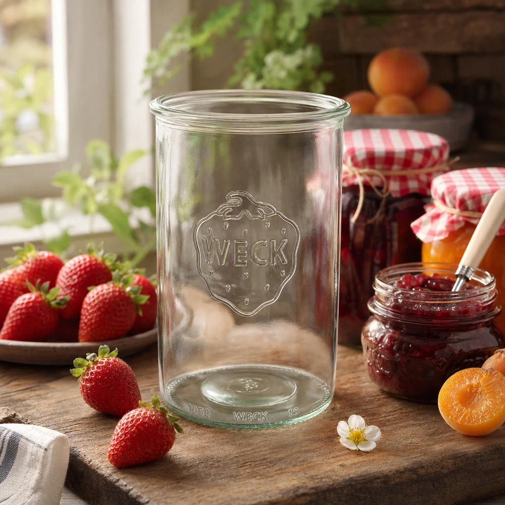 WECK RR100-pot van 1000 ml 1000ml inmaakpot WECK RR100 op een houten tafel met verse aardbeien en zelfgemaakte jam