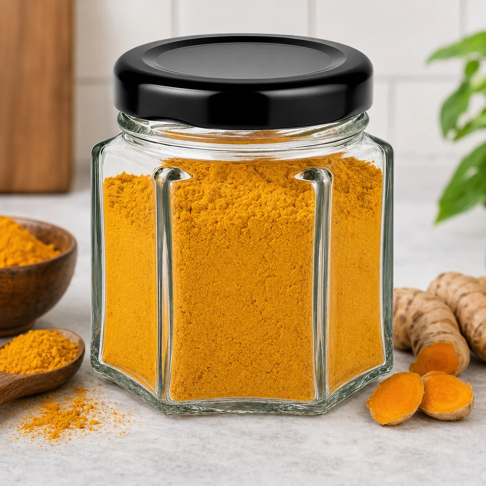 47ml hexaglas met BasicSeal deksel zwart UNiTWIST 47ml Hexaglas mit schwarzem Deckel gefüllt mit Kurkuma-Pulver neben frischen Kurkuma-Wurzeln in Küchenambiente