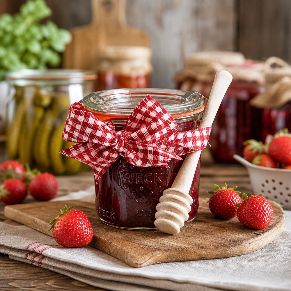 WECK pot 140ml gevuld met aardbeienjam honing lepel hout verse aardbeien rustieke keuken inmaken