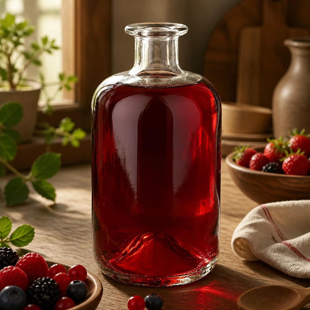 500 ml Apothekersfles 500ml Glasflasche "Luna" ohne Verschluss UNiTWIST zonder sluiting UNiTWIST® Glazen fles Luna 500ml gevuld met rode bessensap tussen verse bessen op een rustieke houten tafel als decoratieve inspiratie.