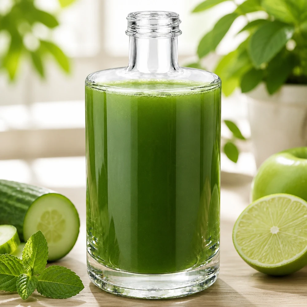 375ml glazen fles Sam gevuld met groene smoothie naast komkommer, limoen en munt op een licht houten achtergrond