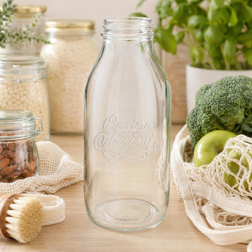 1000ml Quattro Stagioni wijdmondse glazen fles met gegraveerd opschrift op houten tafel naast vers voedsel