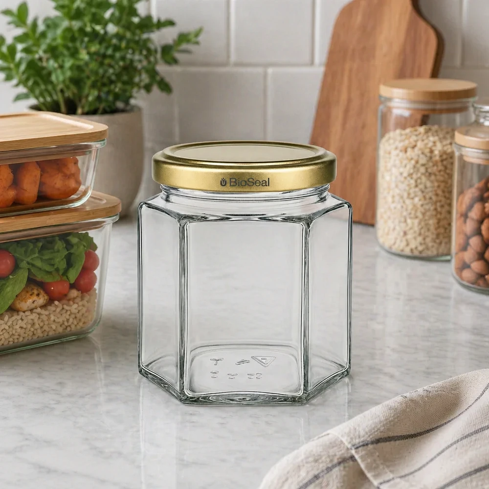 Honingpot 520 g met gouden BioSeal UNiTWIST-deksel Lege 520g BioSeal zeshoekige honingpot met gouden deksel op keukenblad naast voorraadpotten en keukengerei