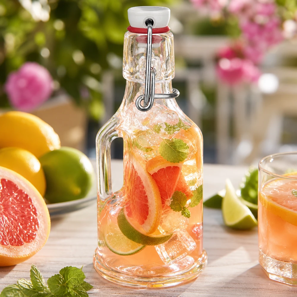 200 ml glazen fles Bertha en porseleinen beugelsluiting UNiTWIST® Glazen fles Bertha 200ml gevuld met grapefruit-limoenwater Tuinsfeer zomerdrank UNiTW draaidop