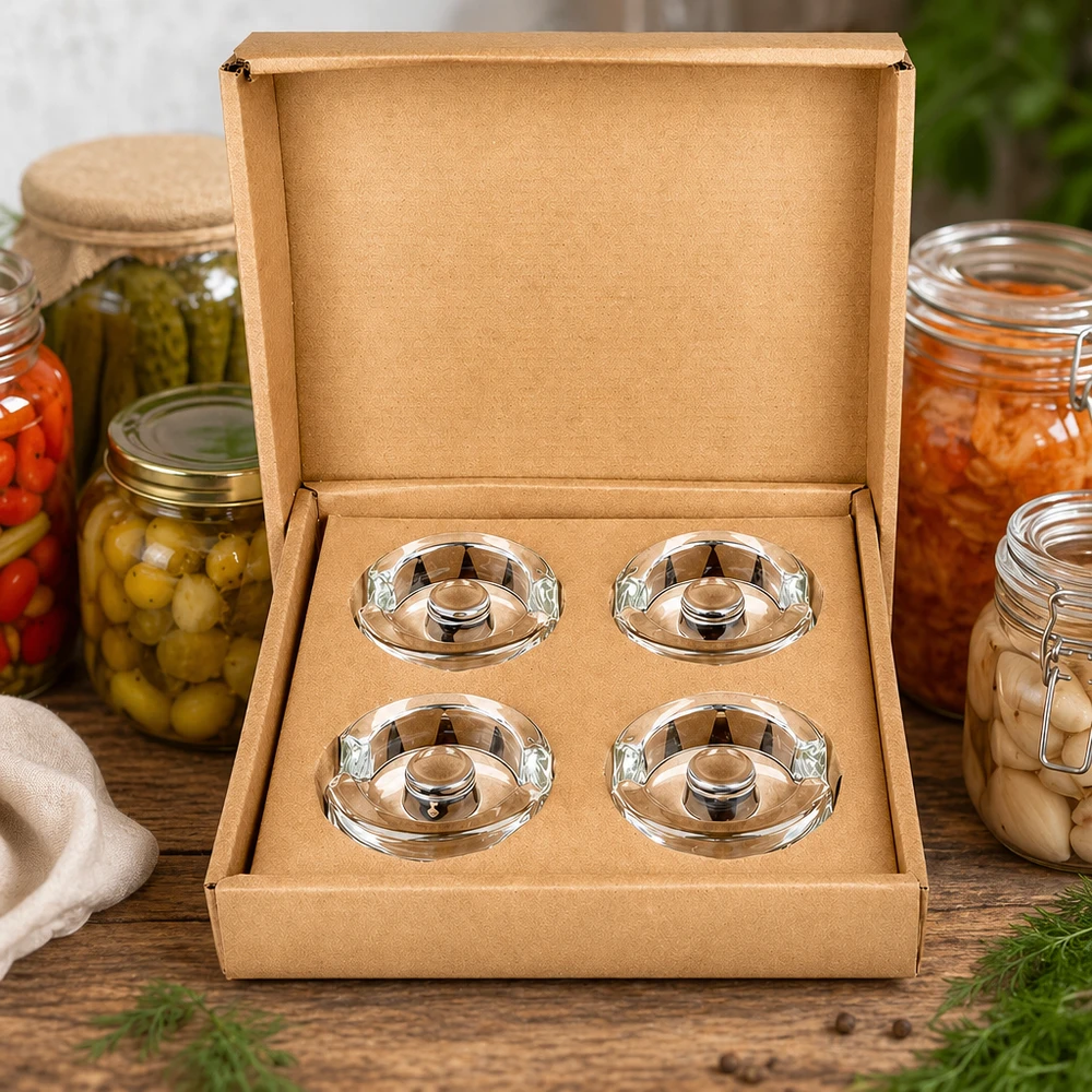 Fermentatieglasgewichten met verzonken greep, set van 4 Vier UNiTWIST fermentatiepotgewichten met handvat in geschenkverpakking naast ingemaakte groenten en inmaakpotten