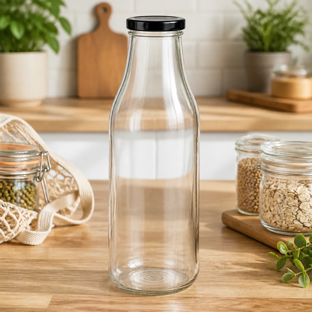 1000ml fles met BasicSeal deksel zwart UNiTWIST 1000ml Glasflasche mit schwarzem Deckel in Zero-Waste Küche zwischen Vorratsgläsern und nachhaltigen Utensilien