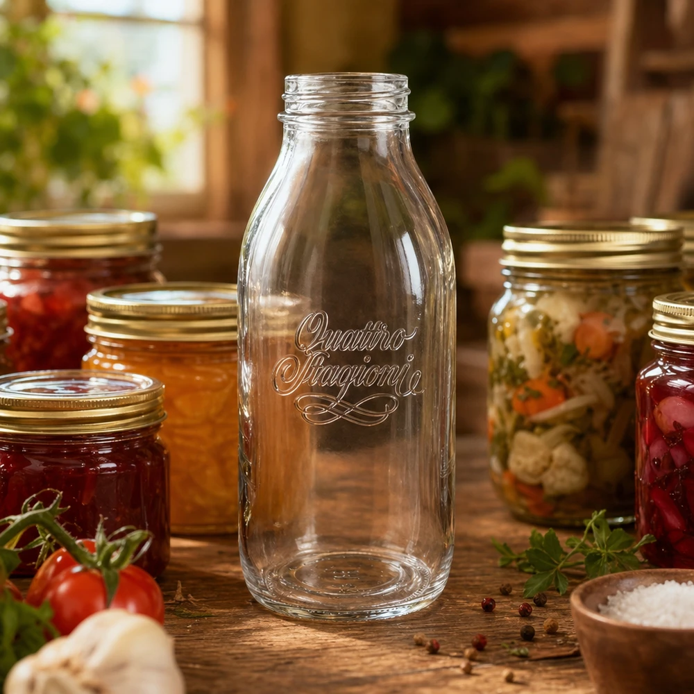 1000 ml glazen Quattro Stagioni fles met brede hals voor het conserveren en inblikken van voedsel op een houten tafel
