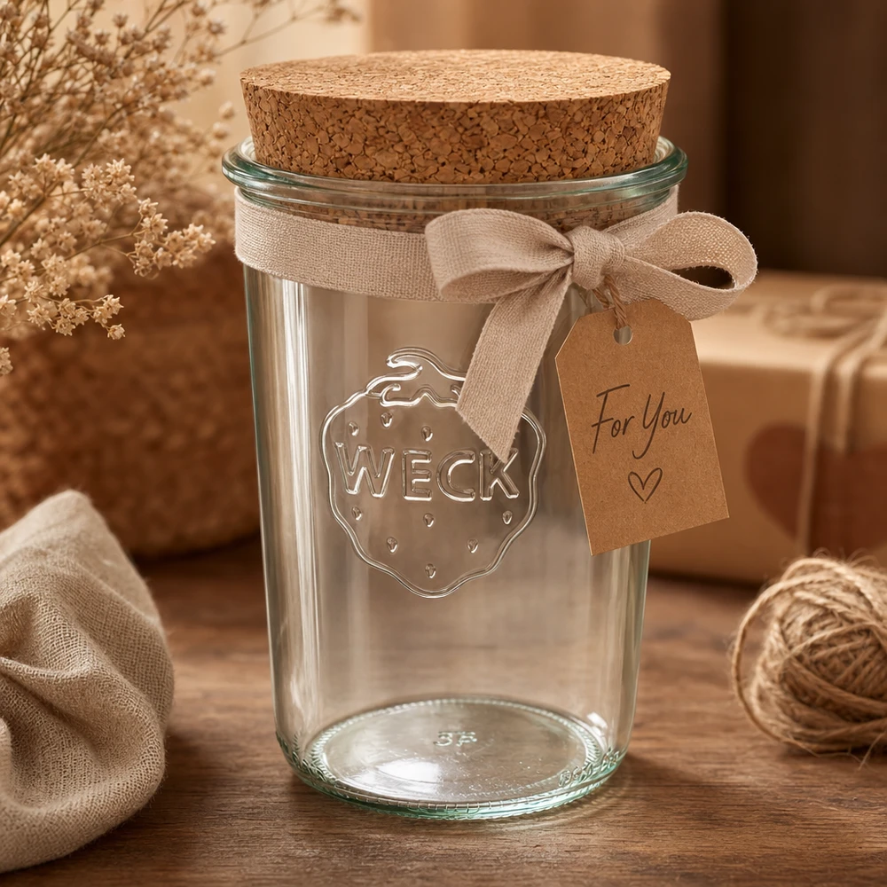 850ml stortglas WECK RR100 met kurk WECK bekers 850ml RR100 decoratief gerangschikt met kurken deksellint en cadeaulabel als cadeau-idee