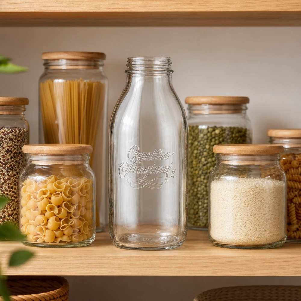 1000ml grote glazen Quattro Stagioni fles met houten deksel tussen voorraadpotten pasta en rijst op de plank