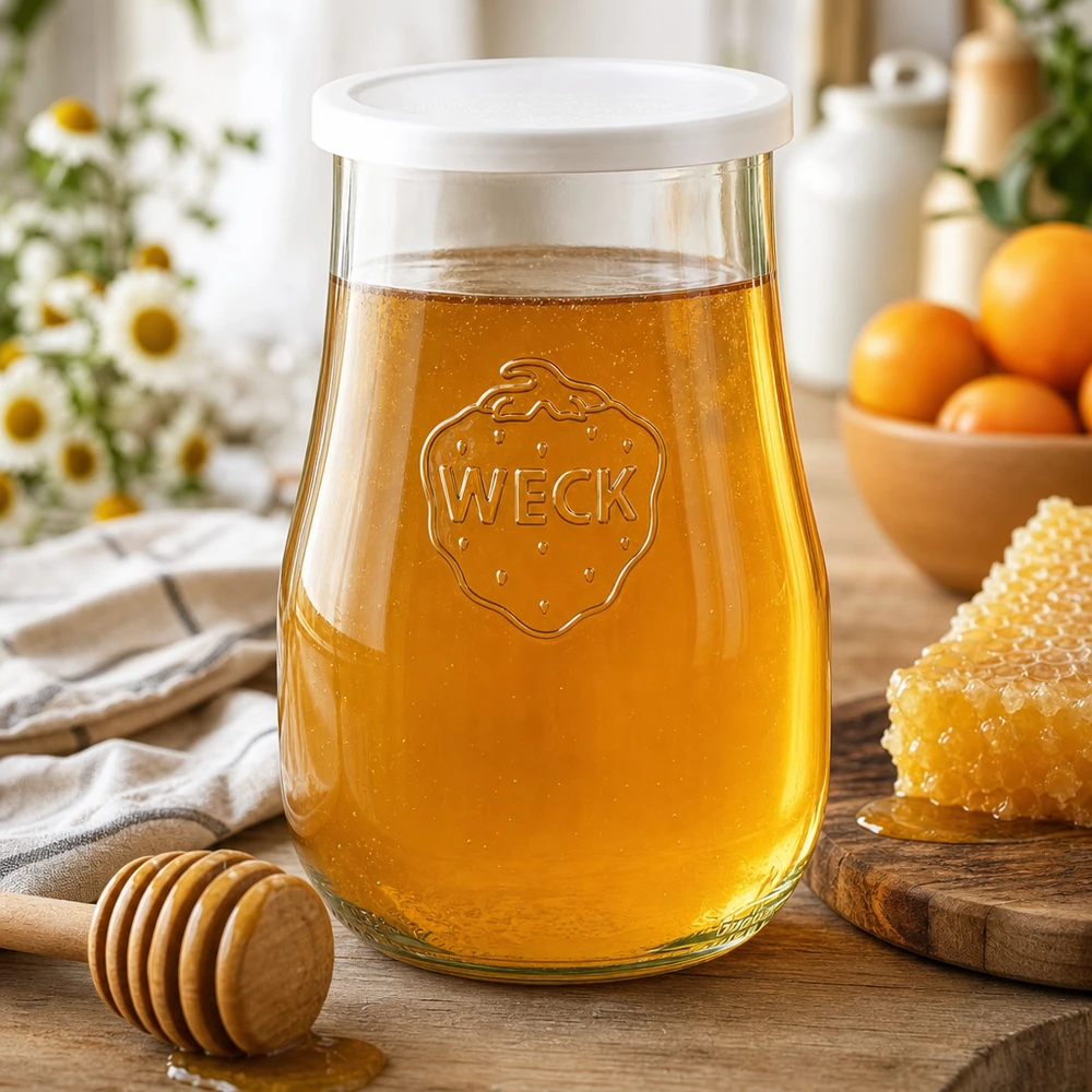WECK tulpenpot 1750ml RR100 gevuld met honing naast honingraat en honinglepel op een rustieke houten tafel