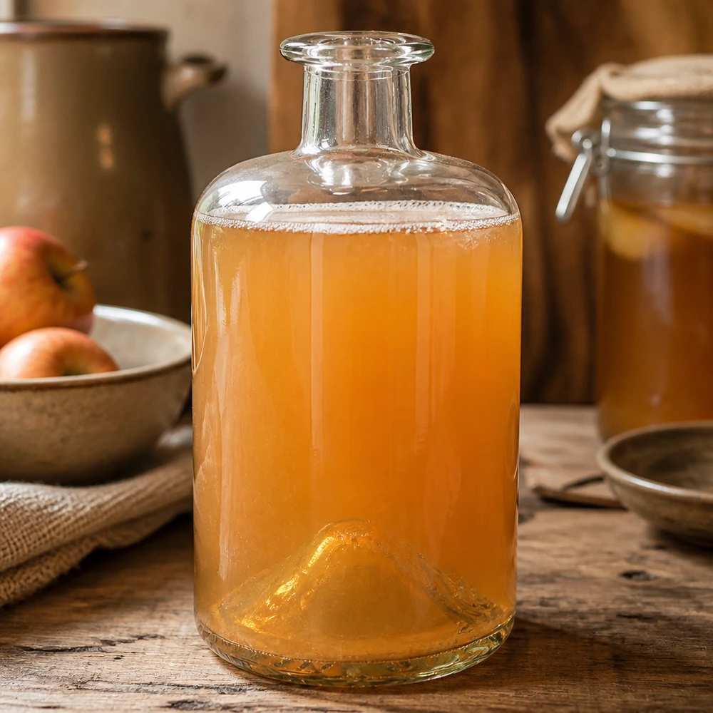 500 ml apothekersfles 500ml Glasflasche "Sofia" ohne Verschluss UNiTWIST zonder sluiting UNiTWIST® 500ml apothekersfles Sofia gevuld met Kombucha gefermenteerde drank keuken rustiek houten tafel glazen fles UNiTWIST