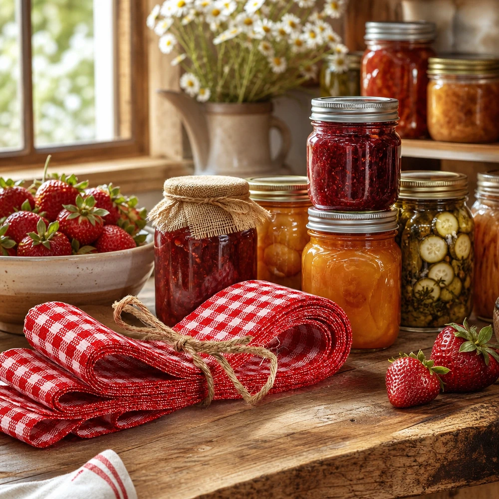 Rood en wit geruit stoffen lint van 300 cm decoratief gerangschikt met inmaakpotten en aardbeien in een rustieke keuken