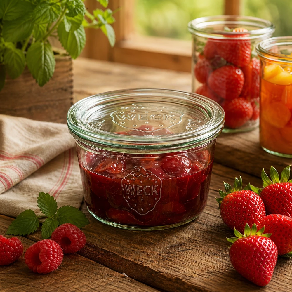 WECK inmaakpot 290ml gevuld met aardbeienjam op een houten tafel met verse bessen en keukensfeer