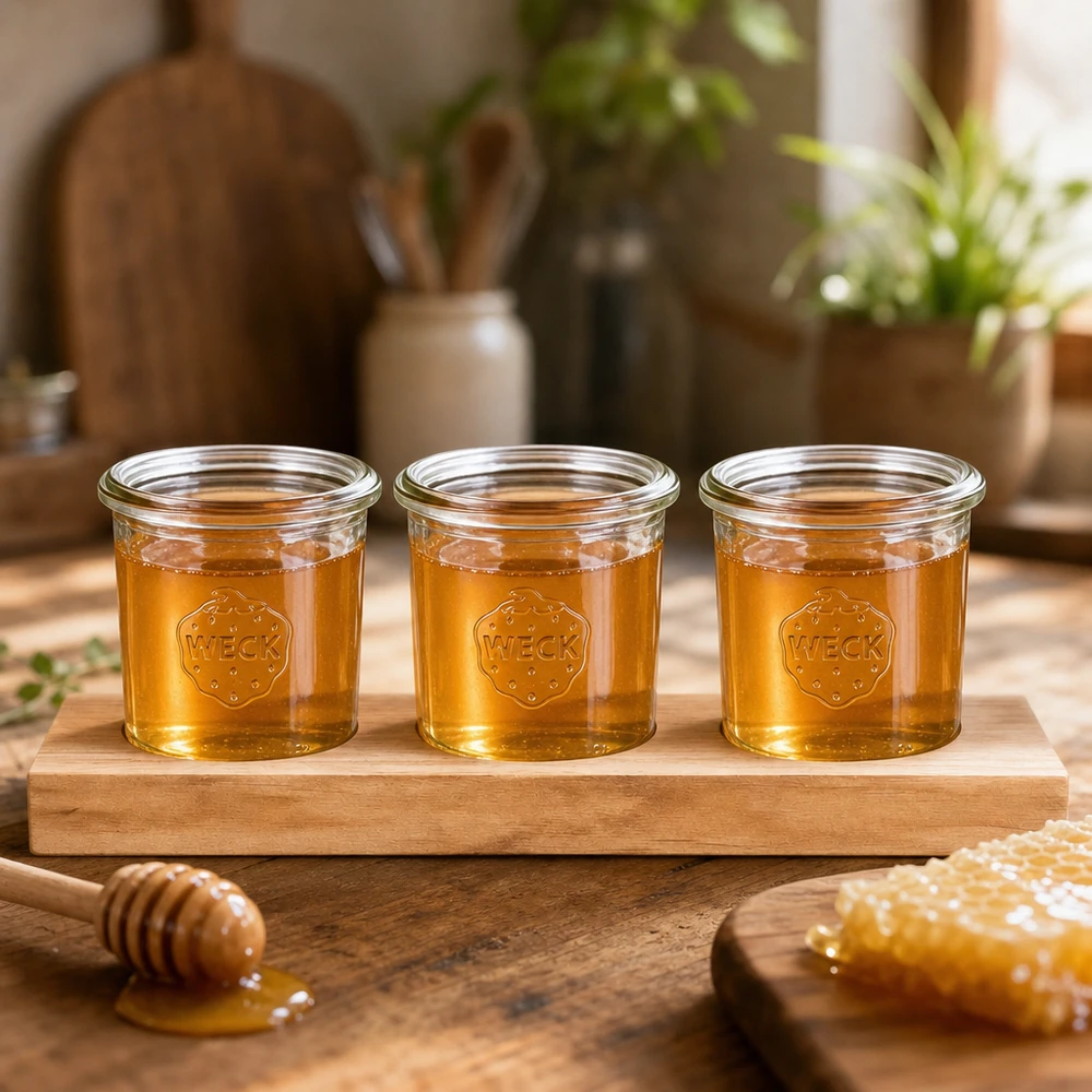 Honing natuurlijk gepresenteerd in WECK 140ml tumblers op een houten serveerplank met honinglepel en honingraat